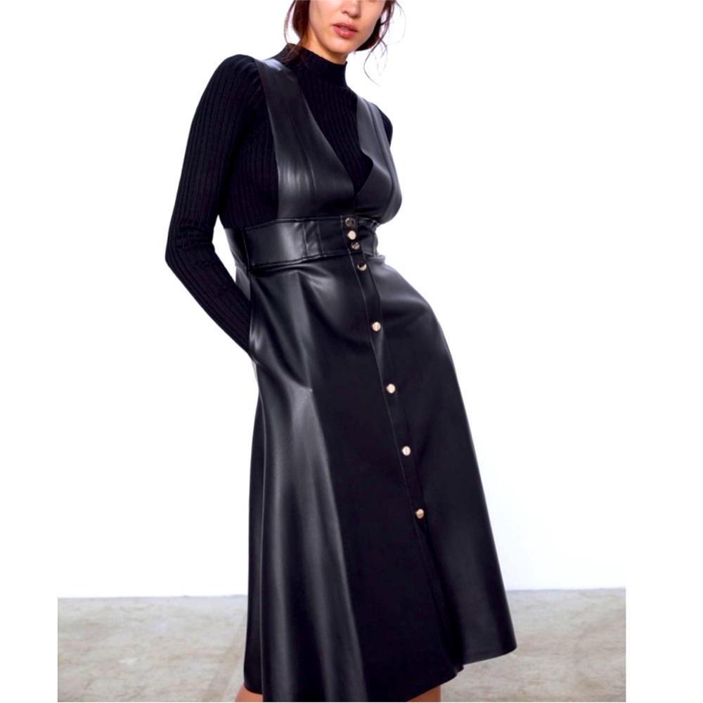 Zara Black Faux Leather Midi Dress
